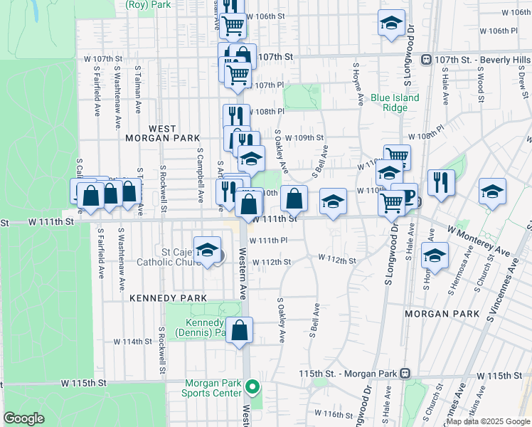 map of restaurants, bars, coffee shops, grocery stores, and more near 2315 West 110th Place in Chicago
