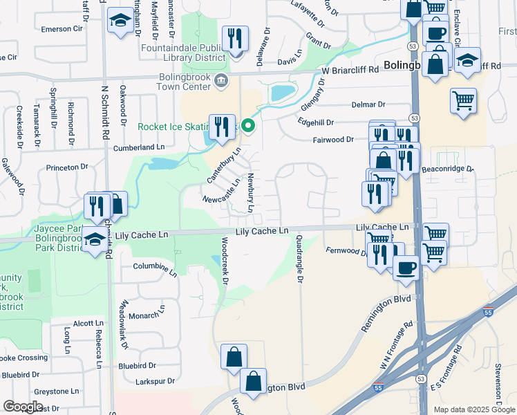 map of restaurants, bars, coffee shops, grocery stores, and more near 320 Peachtree Court in Bolingbrook