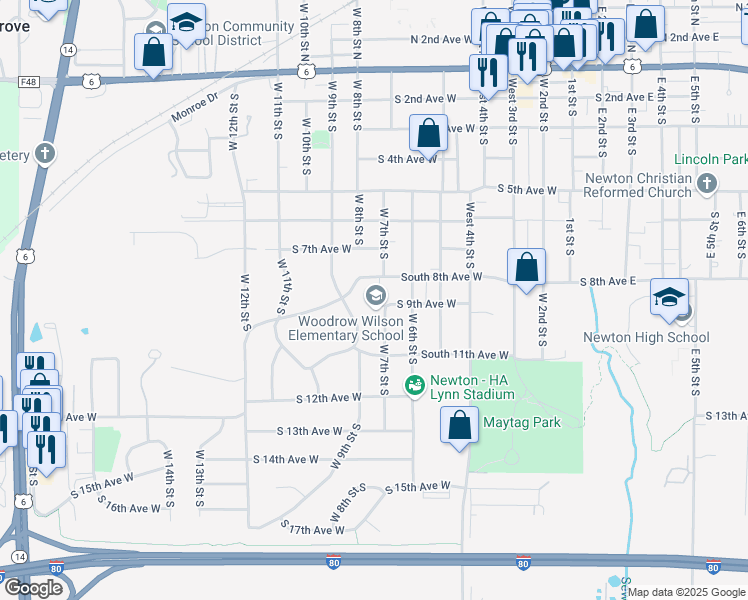 map of restaurants, bars, coffee shops, grocery stores, and more near 801 South 8th Avenue West in Newton