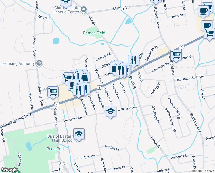 map of restaurants, bars, coffee shops, grocery stores, and more near 771 Farmington Avenue in Bristol