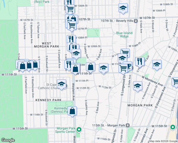 map of restaurants, bars, coffee shops, grocery stores, and more near 2252 West 111th Street in Chicago