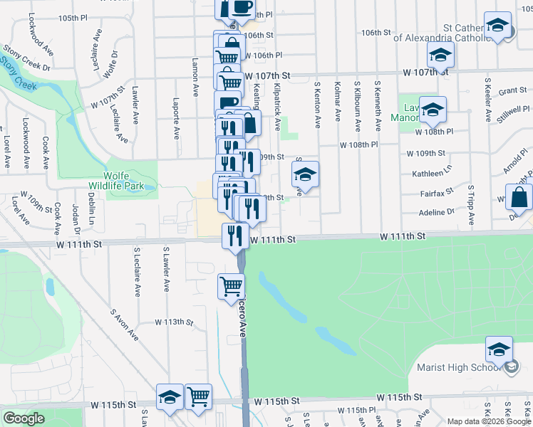 map of restaurants, bars, coffee shops, grocery stores, and more near 11001 Keating Avenue in Oak Lawn