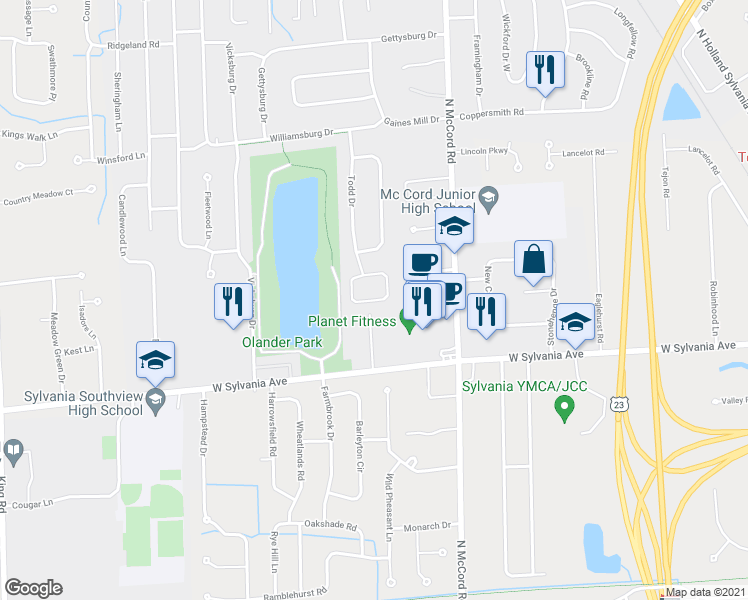map of restaurants, bars, coffee shops, grocery stores, and more near 52 Shenandoah Circle in Sylvania