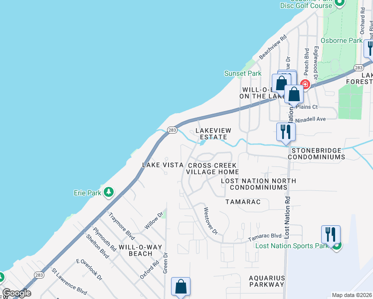 map of restaurants, bars, coffee shops, grocery stores, and more near 1245 Leeward Lane in Willoughby