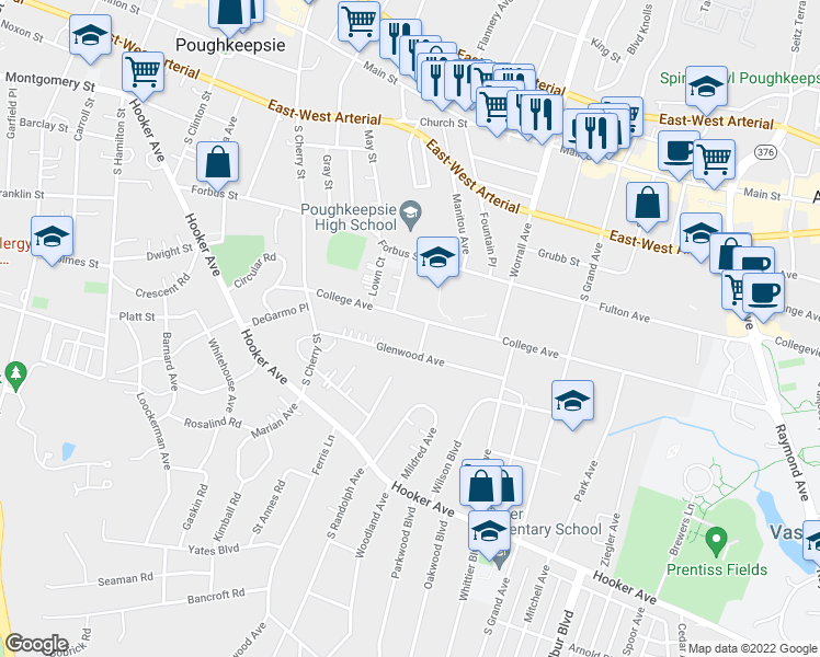 map of restaurants, bars, coffee shops, grocery stores, and more near 42 College Avenue in Poughkeepsie