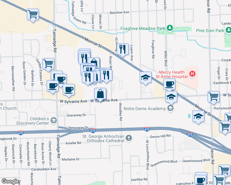 map of restaurants, bars, coffee shops, grocery stores, and more near 4030 Royer Road in Toledo