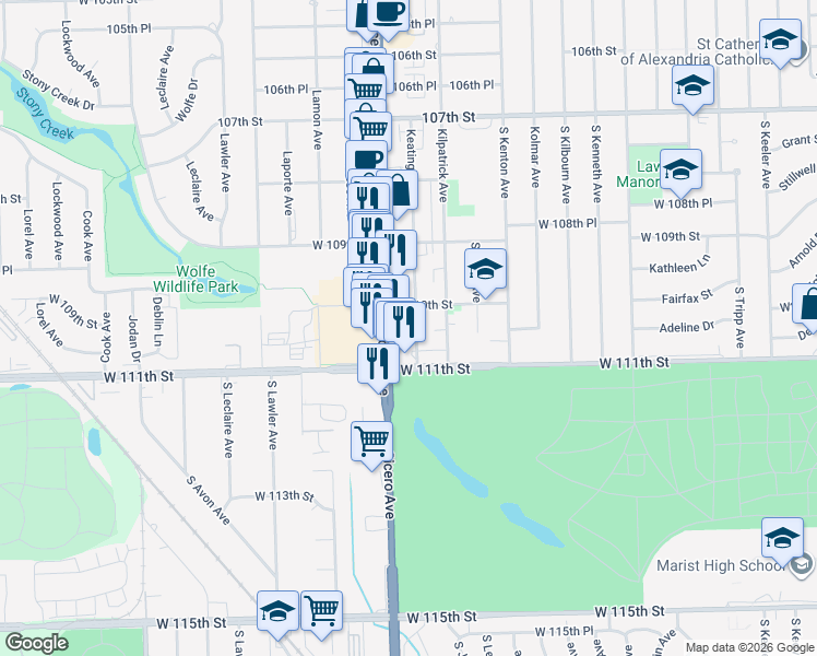 map of restaurants, bars, coffee shops, grocery stores, and more near 11001 South Cicero Avenue in Oak Lawn