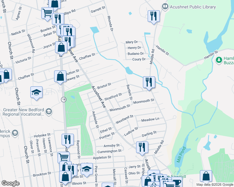 map of restaurants, bars, coffee shops, grocery stores, and more near 926 Elliot Street in New Bedford