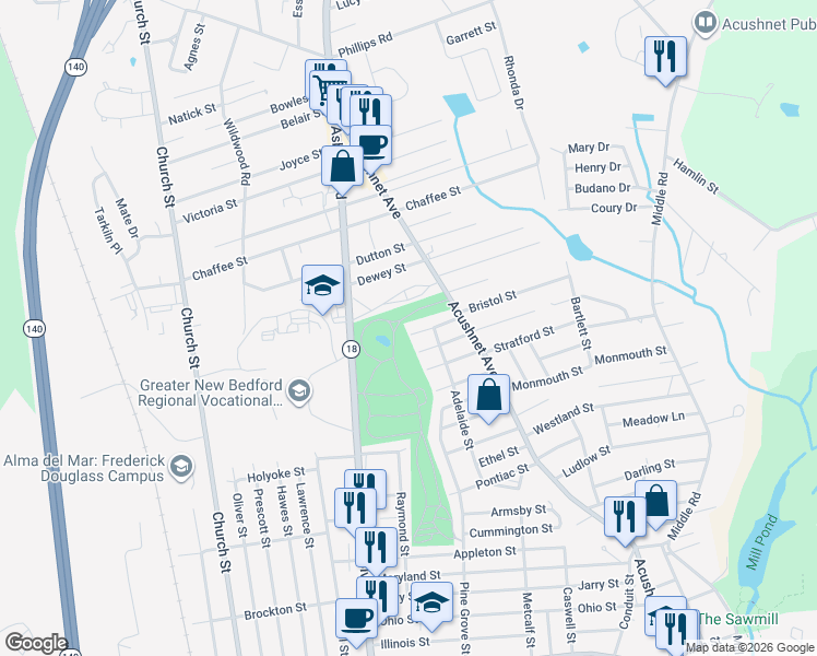 map of restaurants, bars, coffee shops, grocery stores, and more near 1029 Kenmore Street in New Bedford