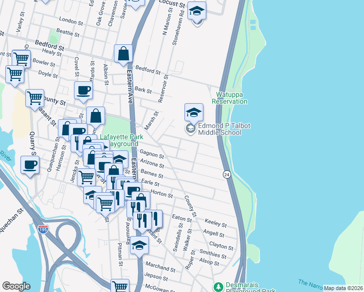 map of restaurants, bars, coffee shops, grocery stores, and more near 53 Melrose Street in Fall River