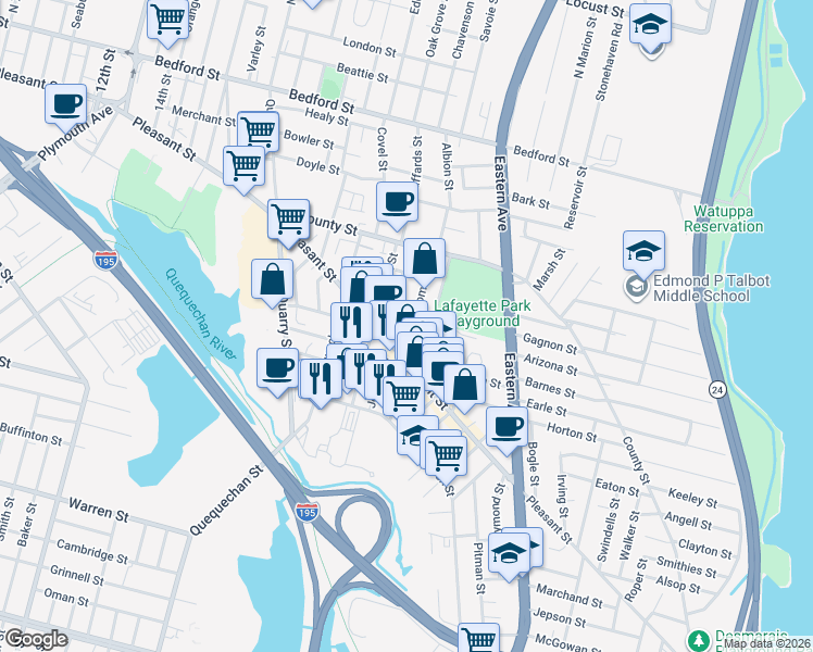 map of restaurants, bars, coffee shops, grocery stores, and more near 139 Thomas Street in Fall River