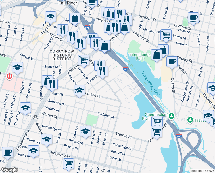 map of restaurants, bars, coffee shops, grocery stores, and more near 671 Rodman Street in Fall River