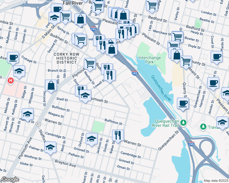 map of restaurants, bars, coffee shops, grocery stores, and more near 671 Rodman Street in Fall River