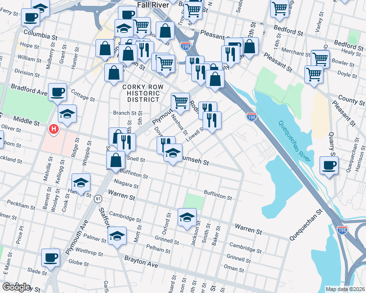 map of restaurants, bars, coffee shops, grocery stores, and more near 183 Lowell Street in Fall River