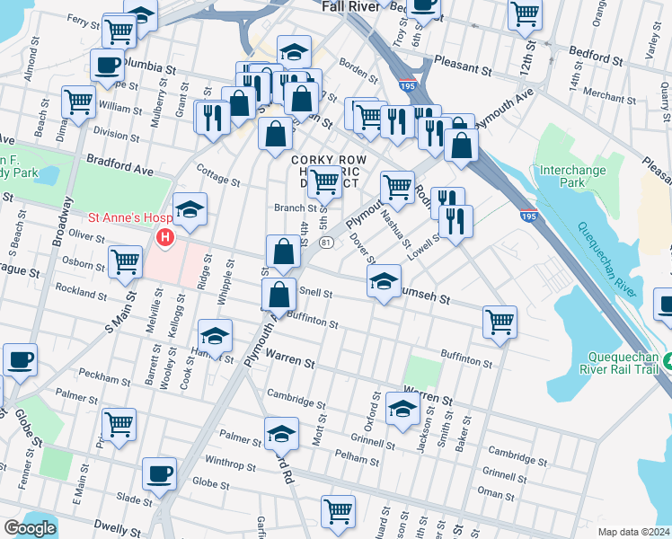 map of restaurants, bars, coffee shops, grocery stores, and more near 253 Blackstone Street in Fall River