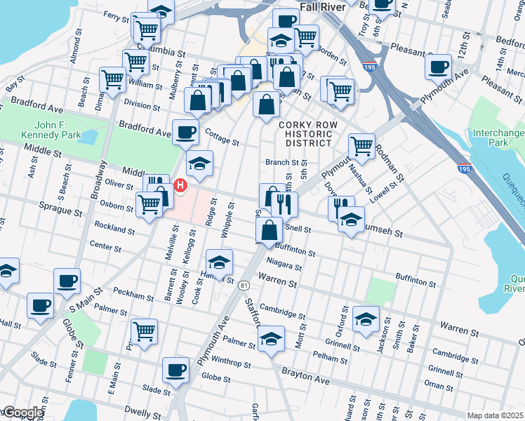map of restaurants, bars, coffee shops, grocery stores, and more near 31 Lyon Street in Fall River