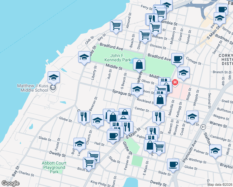 map of restaurants, bars, coffee shops, grocery stores, and more near 282 Sprague Street in Fall River