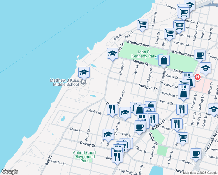 map of restaurants, bars, coffee shops, grocery stores, and more near 566 Bay Street in Fall River