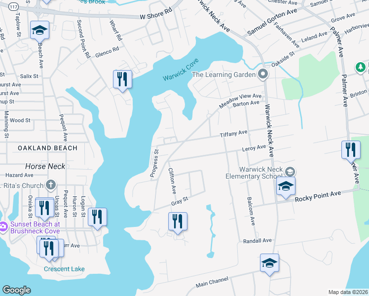map of restaurants, bars, coffee shops, grocery stores, and more near 410 Tiffany Avenue in Warwick