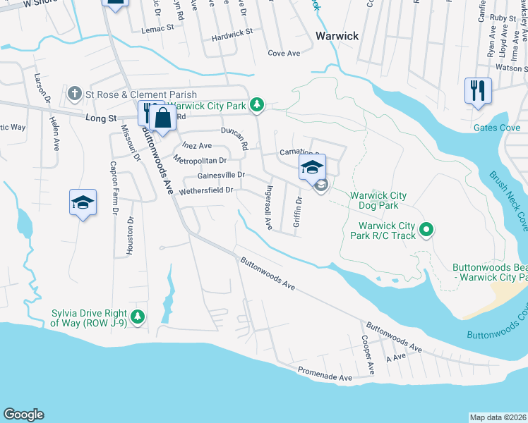 map of restaurants, bars, coffee shops, grocery stores, and more near 120 Wethersfield Drive in Warwick