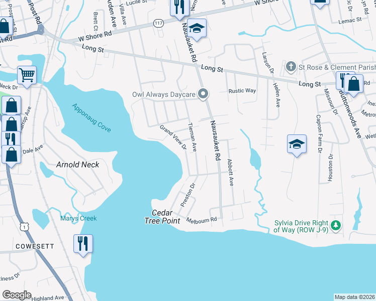 map of restaurants, bars, coffee shops, grocery stores, and more near 95 Tiernan Avenue in Warwick