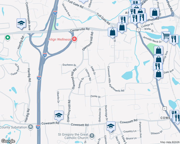 map of restaurants, bars, coffee shops, grocery stores, and more near 52 Sage Drive in Warwick