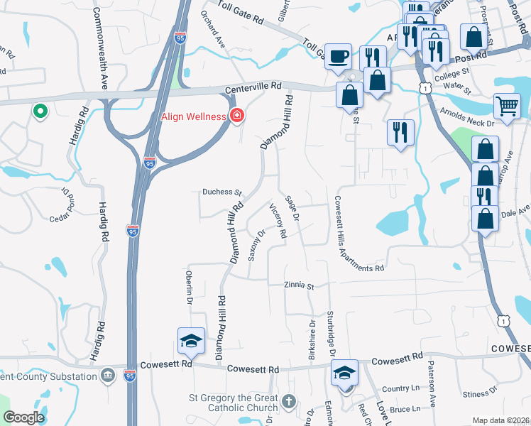 map of restaurants, bars, coffee shops, grocery stores, and more near 8 Viceroy Road in Warwick