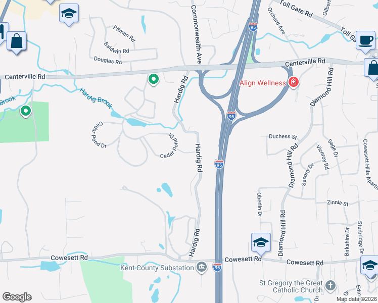 map of restaurants, bars, coffee shops, grocery stores, and more near 221 Hardig Road in Warwick