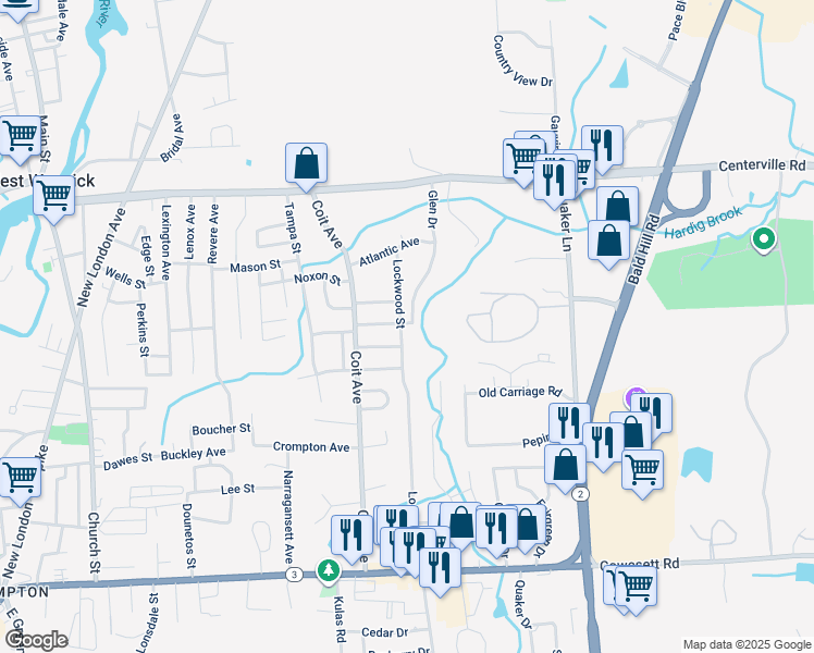 map of restaurants, bars, coffee shops, grocery stores, and more near 34 Lockwood Street in West Warwick