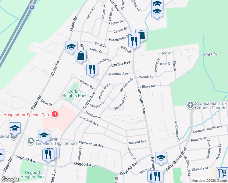 map of restaurants, bars, coffee shops, grocery stores, and more near 143 Heather Lane in New Britain