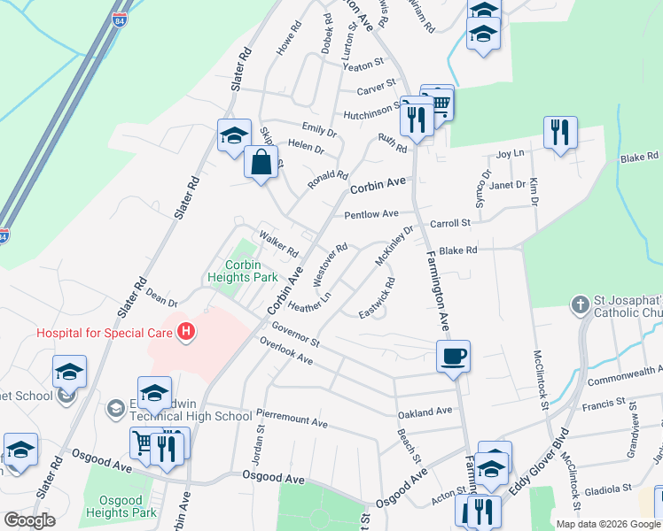 map of restaurants, bars, coffee shops, grocery stores, and more near 73 Westover Road in New Britain