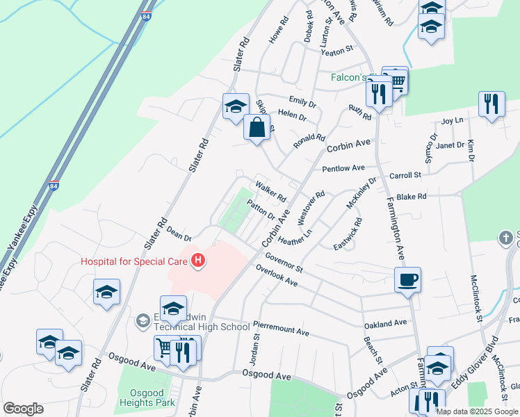 map of restaurants, bars, coffee shops, grocery stores, and more near 37 Patton Drive in New Britain