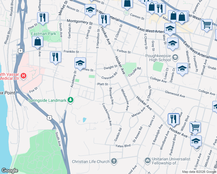 map of restaurants, bars, coffee shops, grocery stores, and more near 10 Platt Street in Poughkeepsie