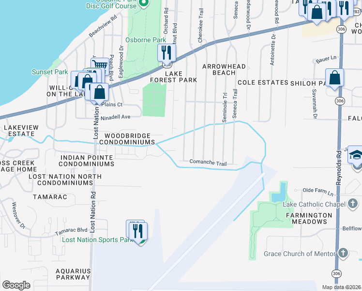 map of restaurants, bars, coffee shops, grocery stores, and more near 1221 Mohegan Trail in Willoughby
