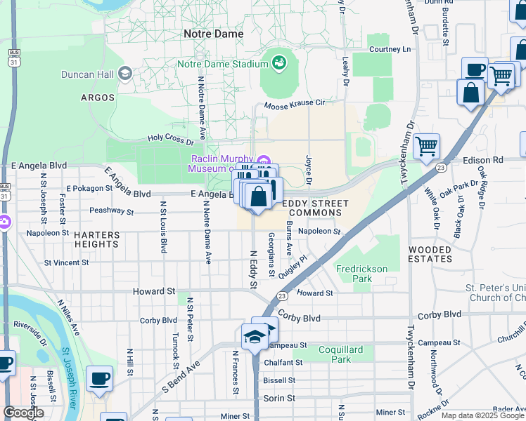 map of restaurants, bars, coffee shops, grocery stores, and more near 1228 North Eddy Street in South Bend