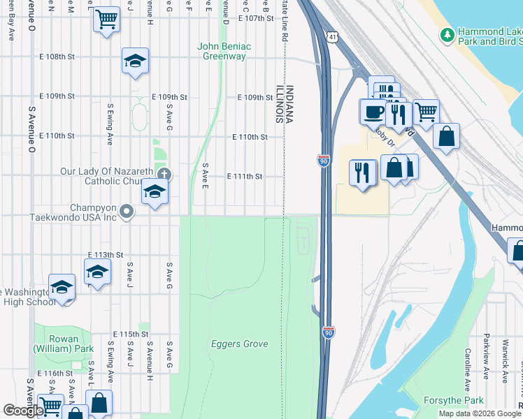 map of restaurants, bars, coffee shops, grocery stores, and more near 11139 South Avenue C in Chicago