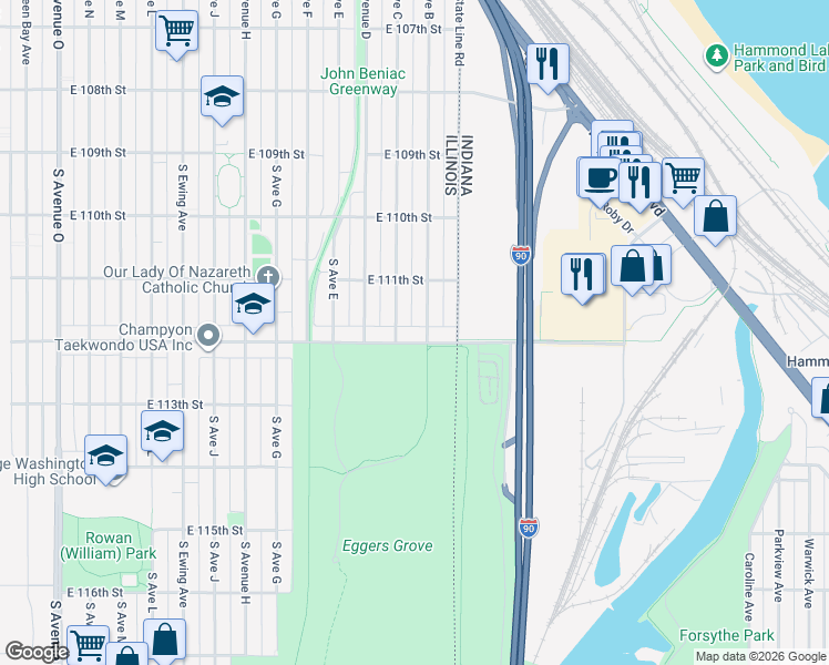 map of restaurants, bars, coffee shops, grocery stores, and more near 11139 South Avenue C in Chicago
