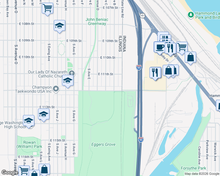 map of restaurants, bars, coffee shops, grocery stores, and more near 11139 South Avenue C in Chicago