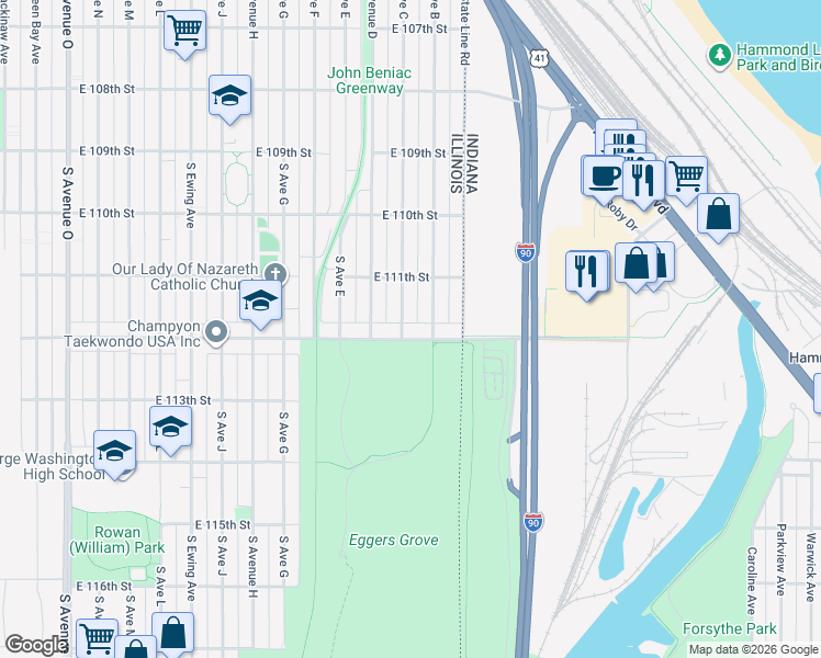 map of restaurants, bars, coffee shops, grocery stores, and more near 11139 South Avenue C in Chicago