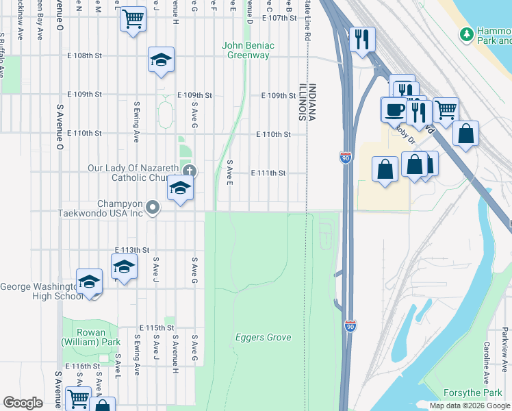 map of restaurants, bars, coffee shops, grocery stores, and more near 11141 South Avenue D in Chicago