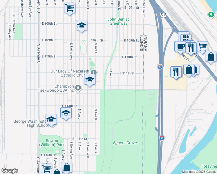 map of restaurants, bars, coffee shops, grocery stores, and more near 11138 South Avenue East in Chicago
