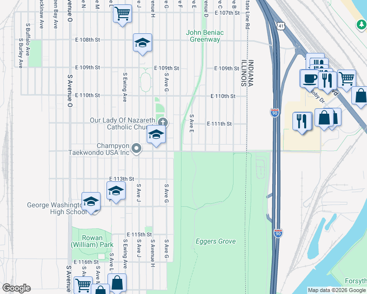map of restaurants, bars, coffee shops, grocery stores, and more near 11138 South Avenue East in Chicago