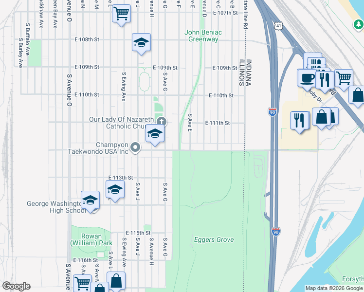 map of restaurants, bars, coffee shops, grocery stores, and more near 11138 South Avenue East in Chicago