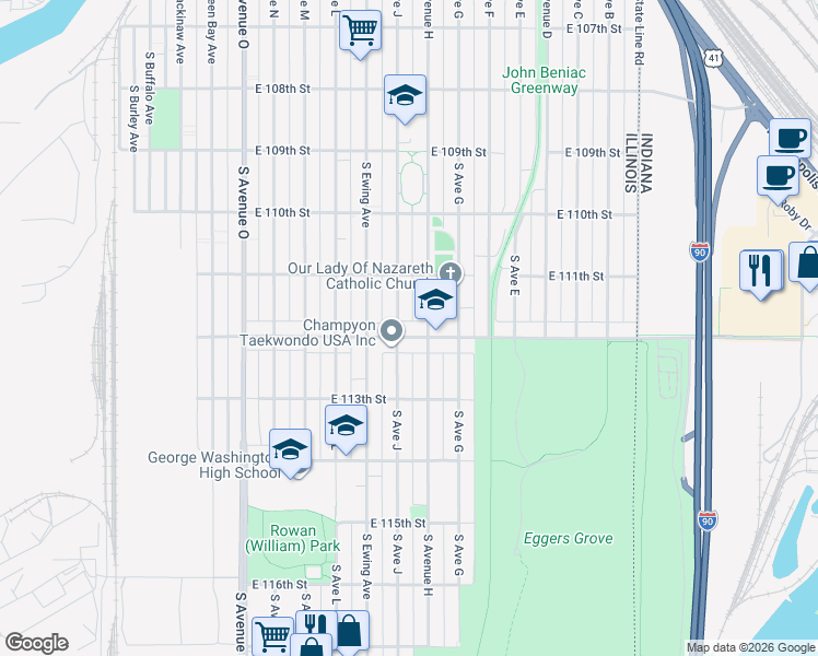 map of restaurants, bars, coffee shops, grocery stores, and more near 11139 South Avenue J in Chicago