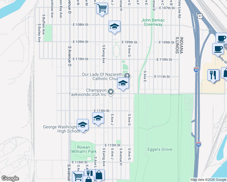 map of restaurants, bars, coffee shops, grocery stores, and more near 11139 South Avenue J in Chicago