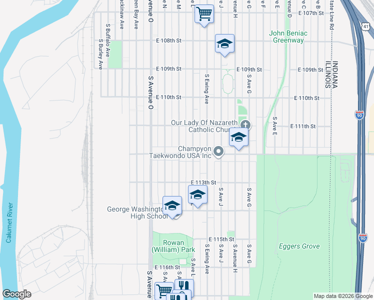 map of restaurants, bars, coffee shops, grocery stores, and more near 11138 South Avenue L in Chicago