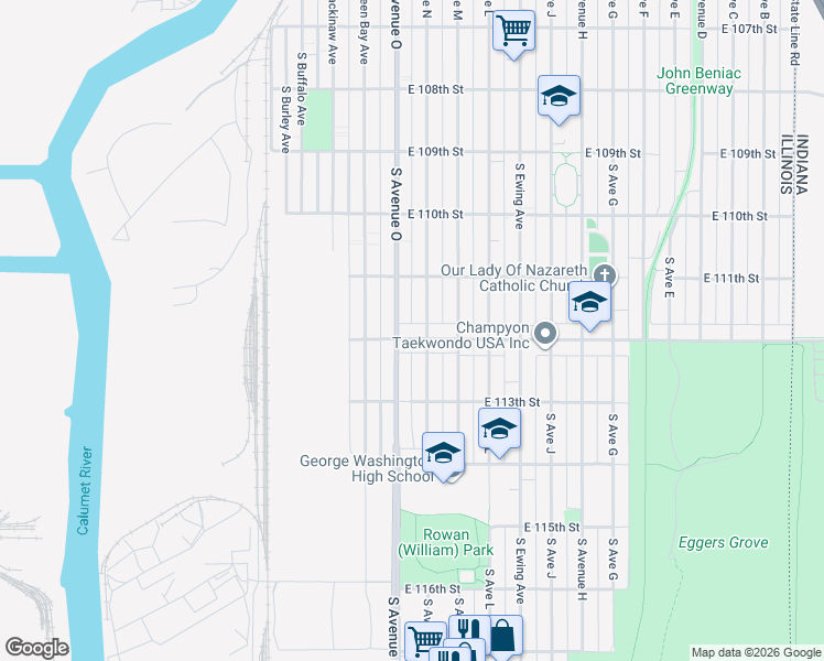 map of restaurants, bars, coffee shops, grocery stores, and more near 11139 South Avenue O in Chicago