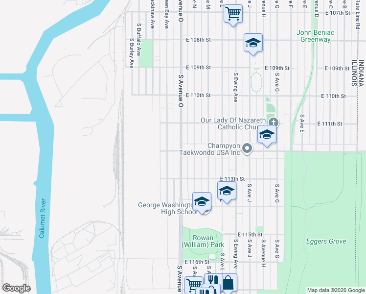map of restaurants, bars, coffee shops, grocery stores, and more near 11139 South Avenue O in Chicago