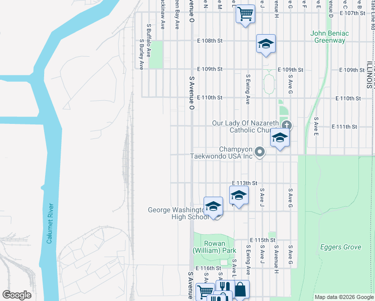 map of restaurants, bars, coffee shops, grocery stores, and more near 11139 South Avenue O in Chicago