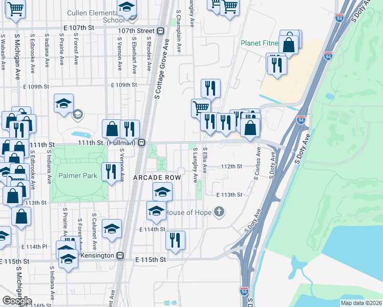 map of restaurants, bars, coffee shops, grocery stores, and more near 657 East 111th Street in Chicago
